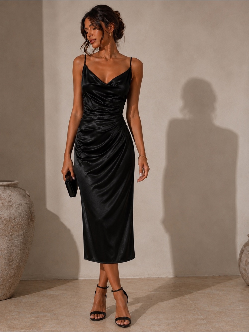 Zara Black Satin Draped Cowl Neck Ruched Midi Slip Dress Luxury